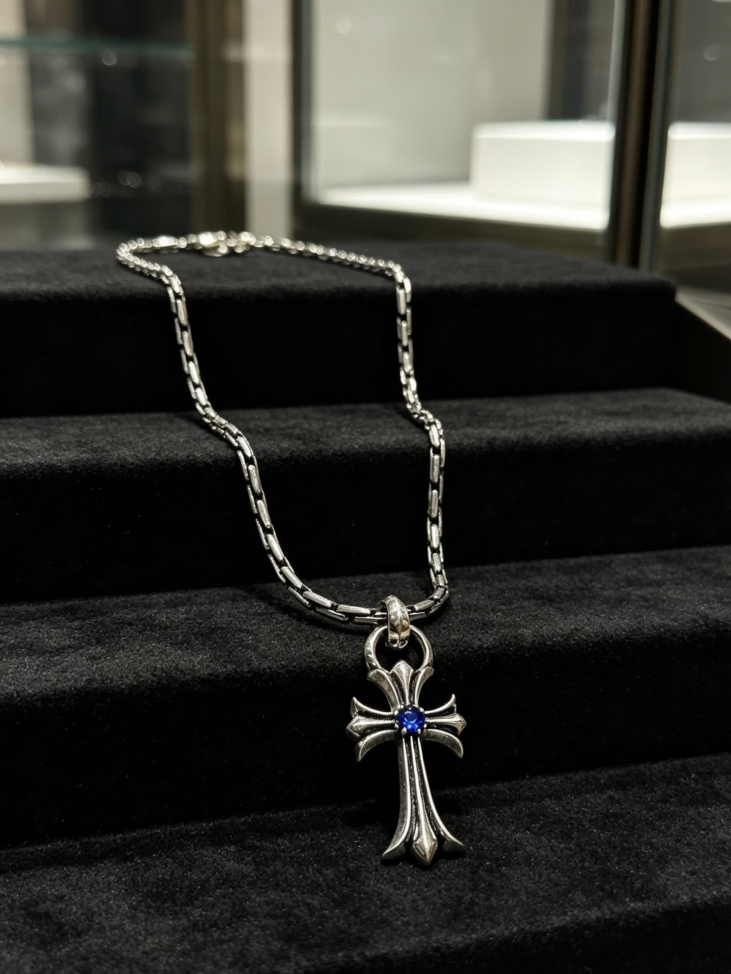 Chrome Hearts Silver Cross Pendant with Blue Gemstone